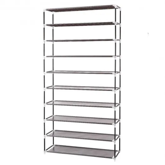 10 Tier 27 Pair Space Saving Shoe Tower Rack with Fabric Cover-Brown