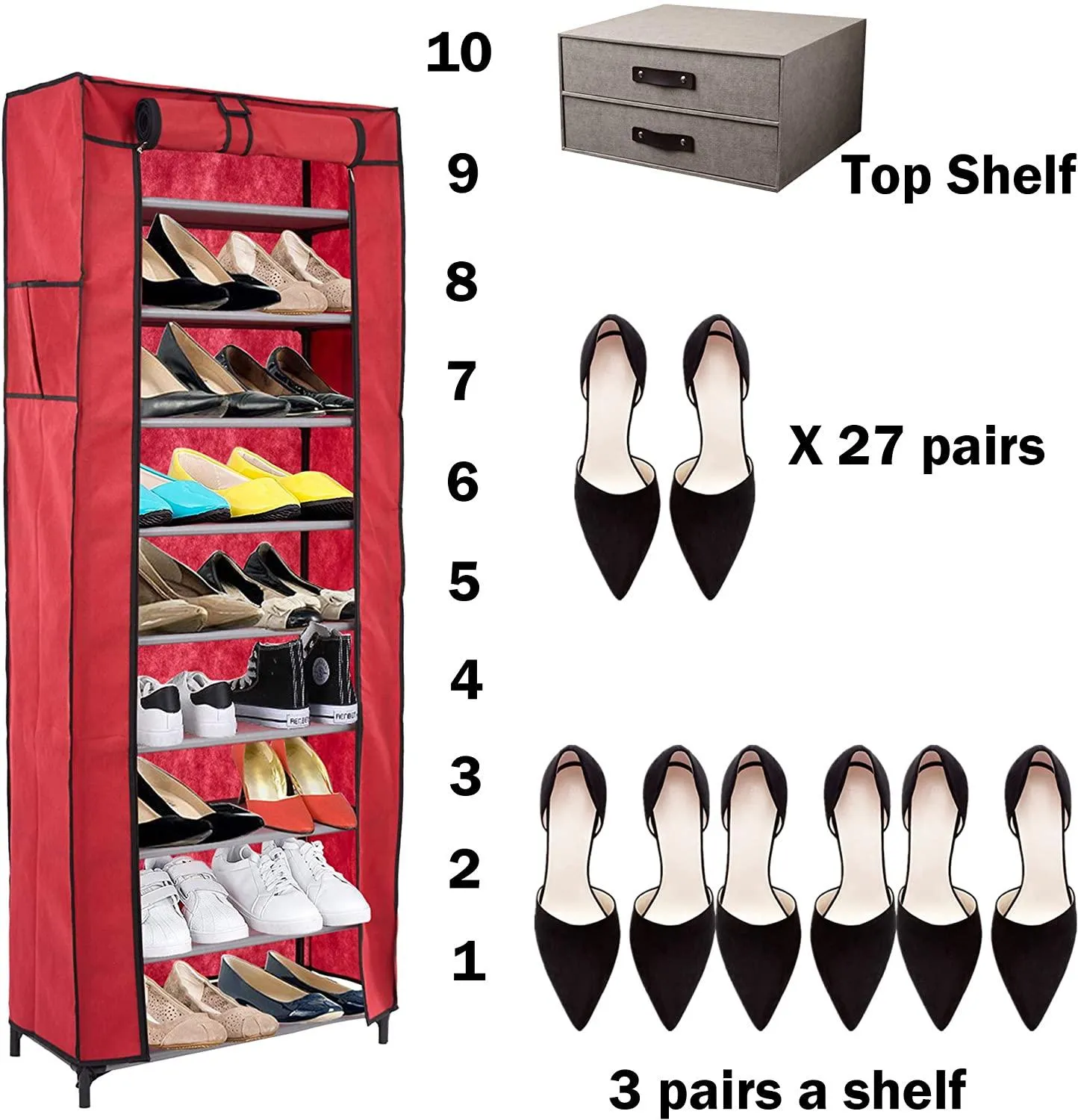 10 Tiers Shoe Rack with Dustproof Cover Shoes Storage Cabinet Boot Organizer, Red