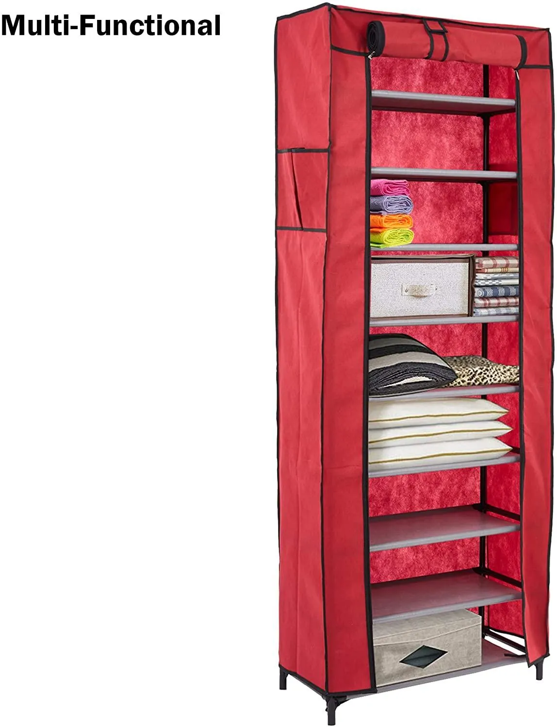 10 Tiers Shoe Rack with Dustproof Cover Shoes Storage Cabinet Boot Organizer, Red