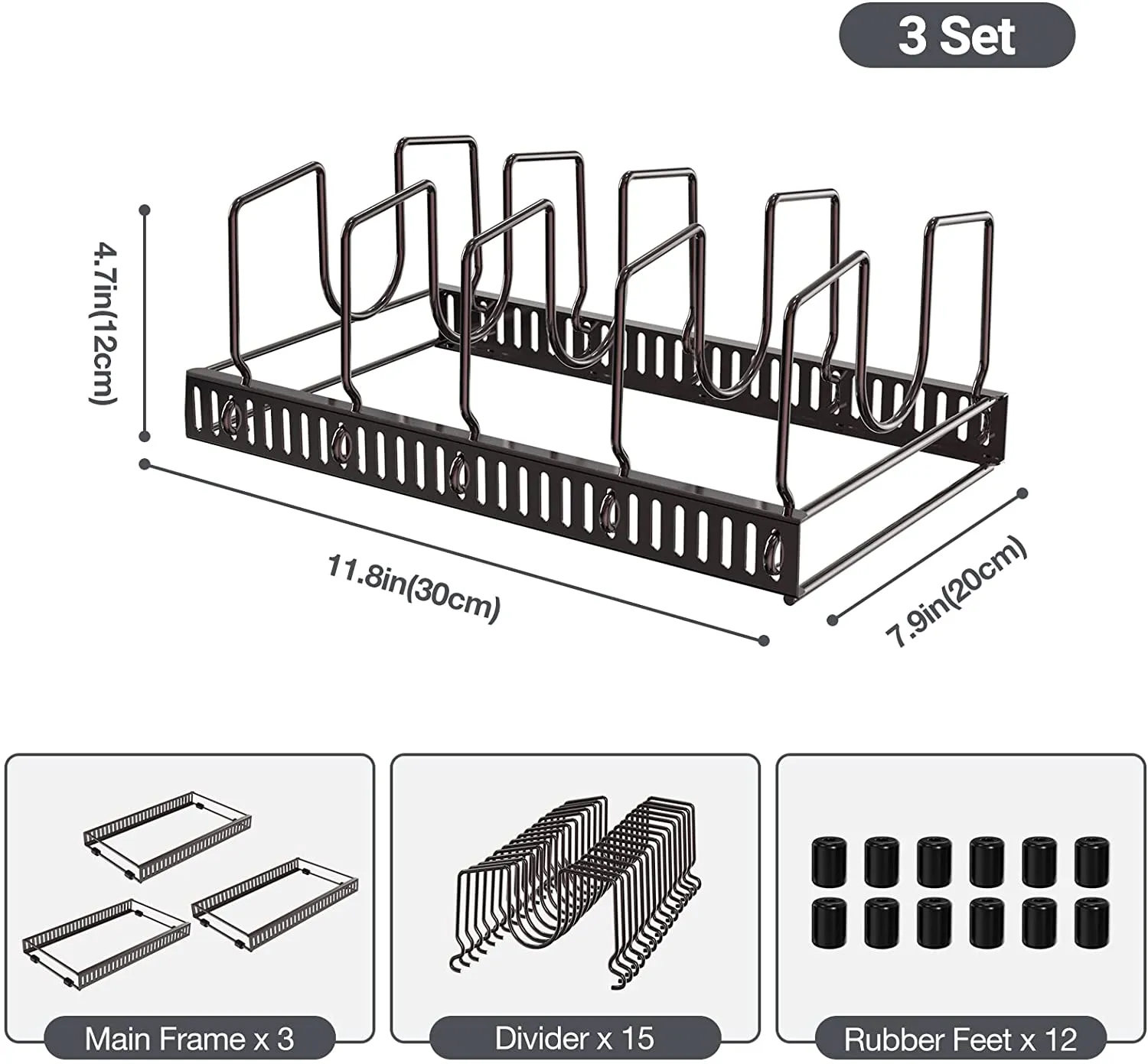 (3 Set) Pot Rack Pan Lid Organizer with 15 Adjustable Dividers | Puricon