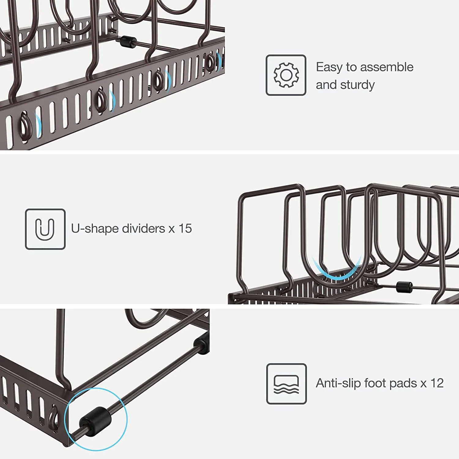 (3 Set) Pot Rack Pan Lid Organizer with 15 Adjustable Dividers | Puricon