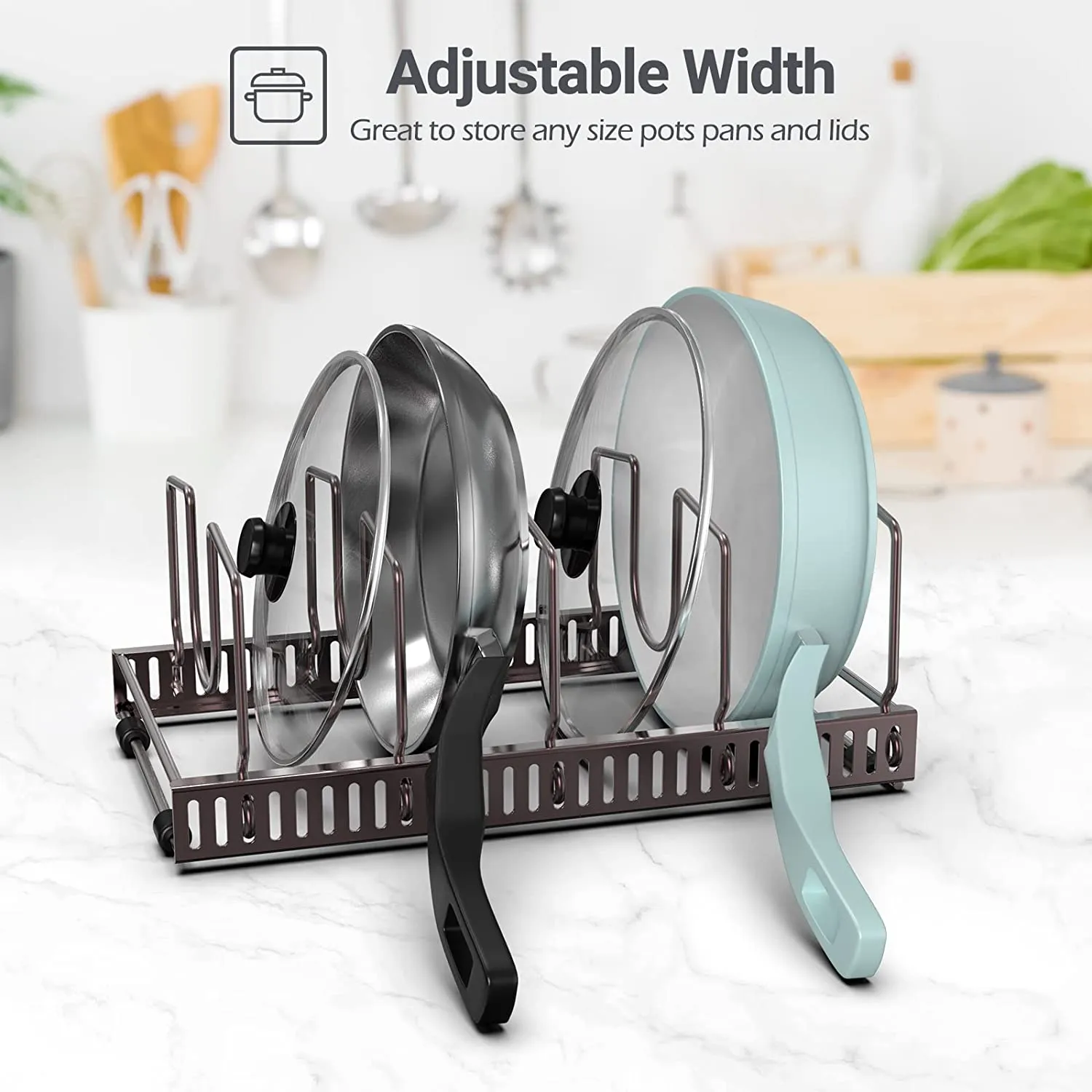 (3 Set) Pot Rack Pan Lid Organizer with 15 Adjustable Dividers | Puricon