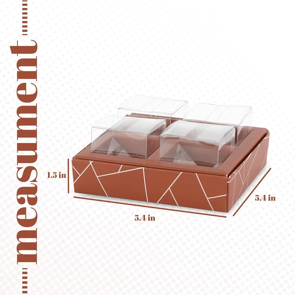 4 Square Shaped Clear Boxes With Square Tray Brown 5.4" X 5.45" X 1.2" 12 Pack