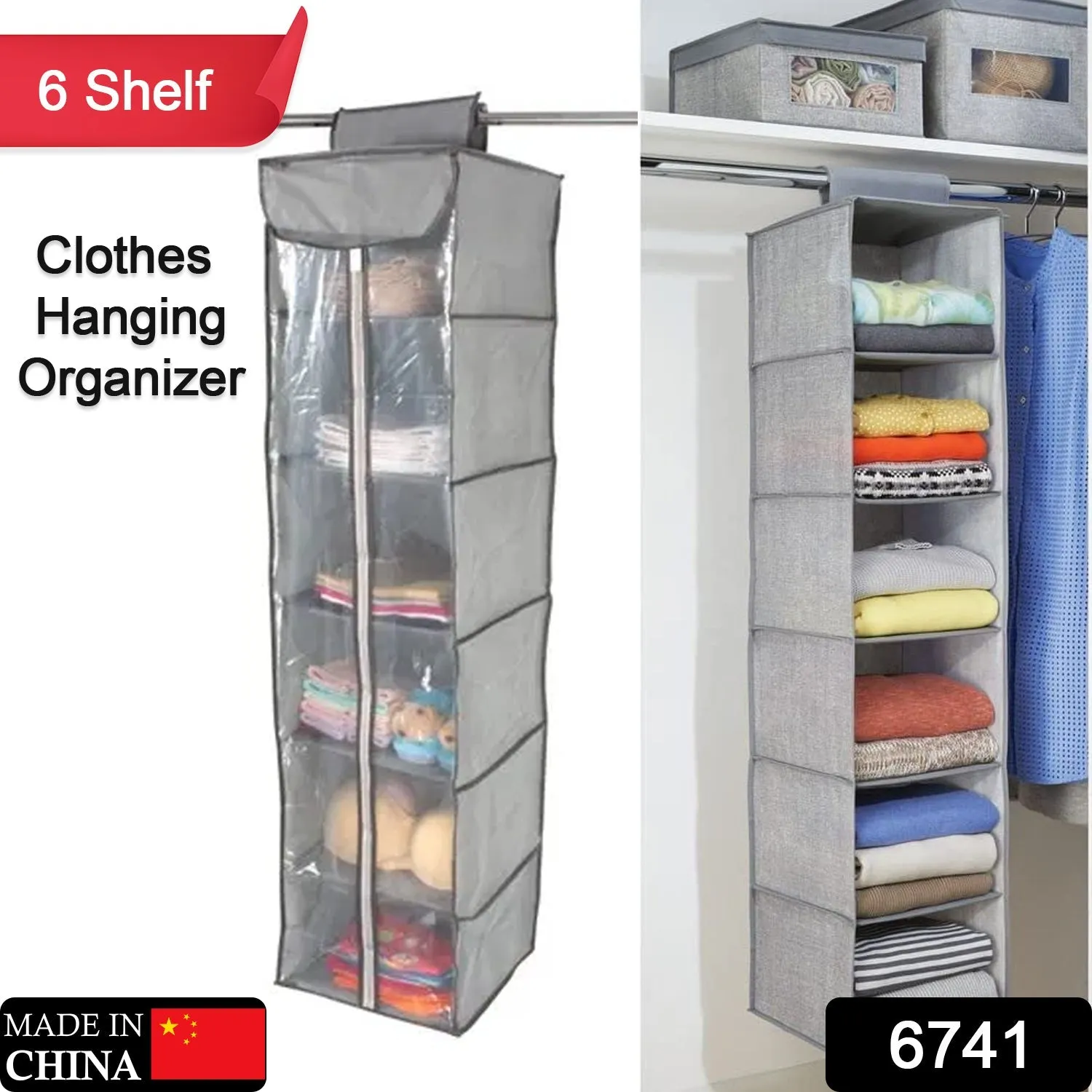 6741 Non-Woven Fabric Cloth 6 Selves Hanging Storage Wardrobe Organizer with PVC Zippered Closure 6 Layers Chain Cloth