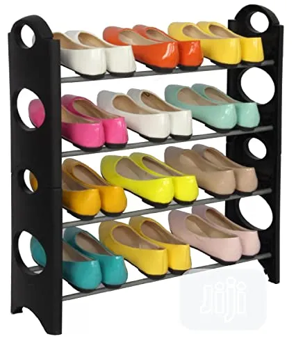 AKSUTI Multipurpose 4 Shelves Shoe Rack, Foldable,12 Pairs, Metal & Plastic (Rustproof, Black)| Multipurpose Portable Plastic Rack Shoes/Books/Clothes/Toys etc Easy to Assemble