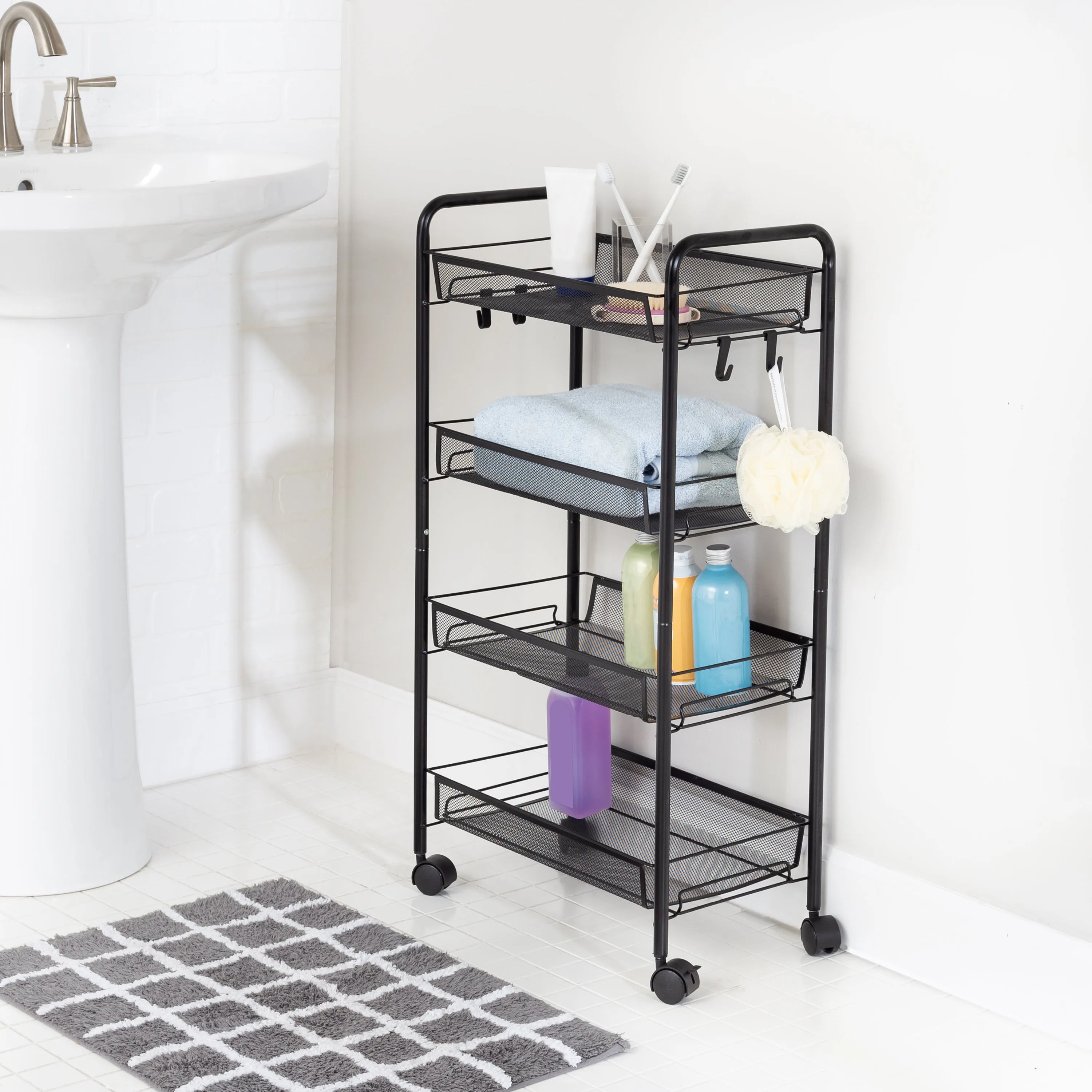 Black 4-Tier Metal Storage Cart with 5 Hooks