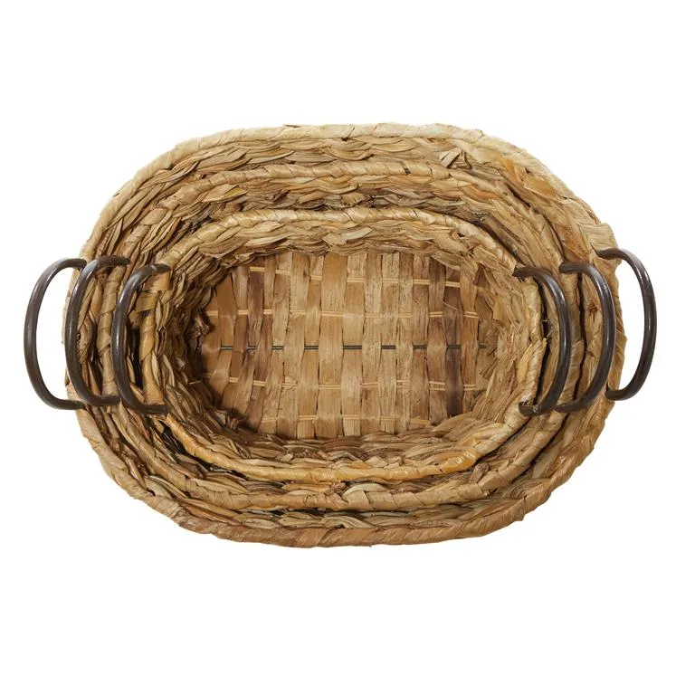 BROWN METAL HANDMADE STORAGE BASKET WITH METAL HANDLES