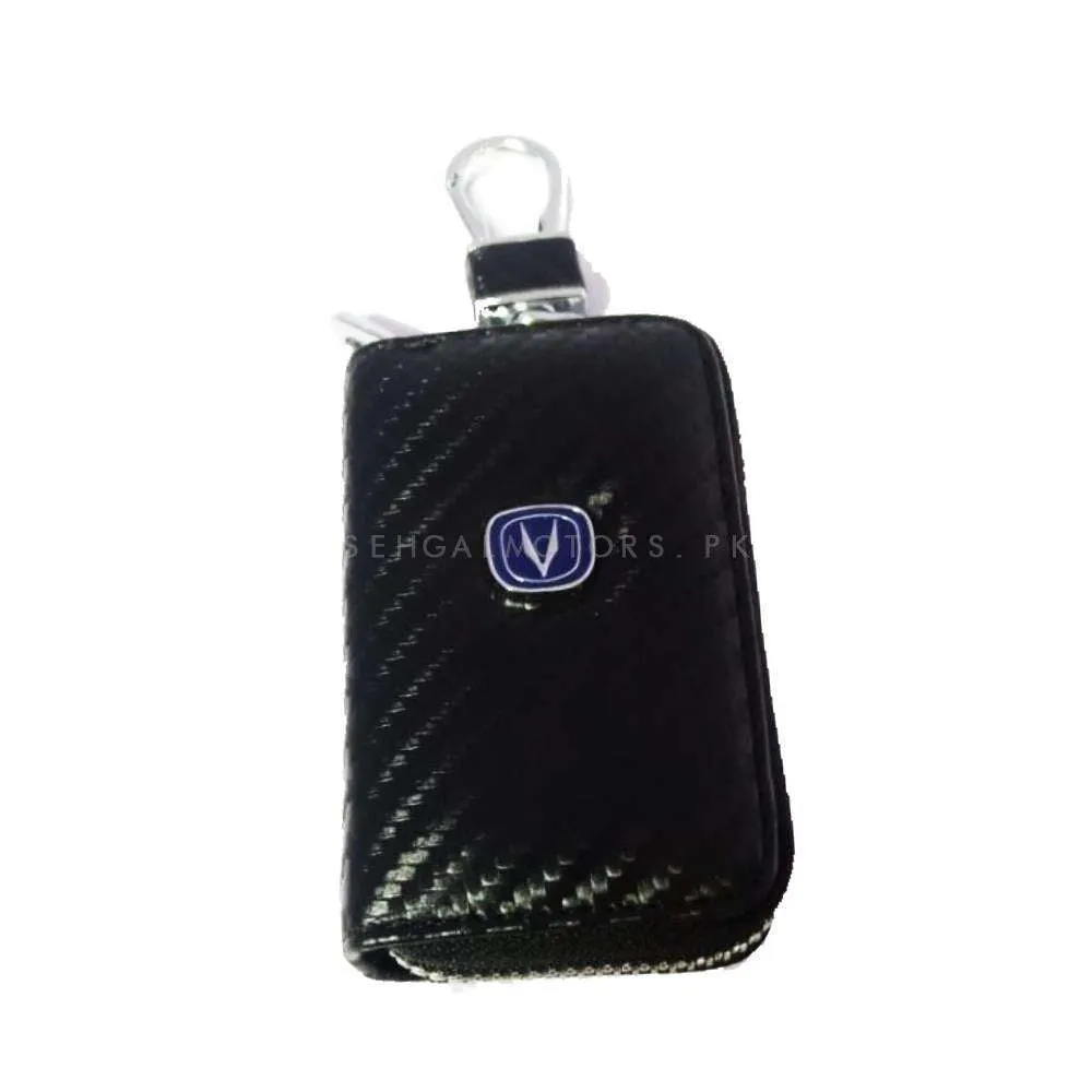 Changan Zipper Carbon Fiber Leather Key Cover Pouch Black with Keychain Ring