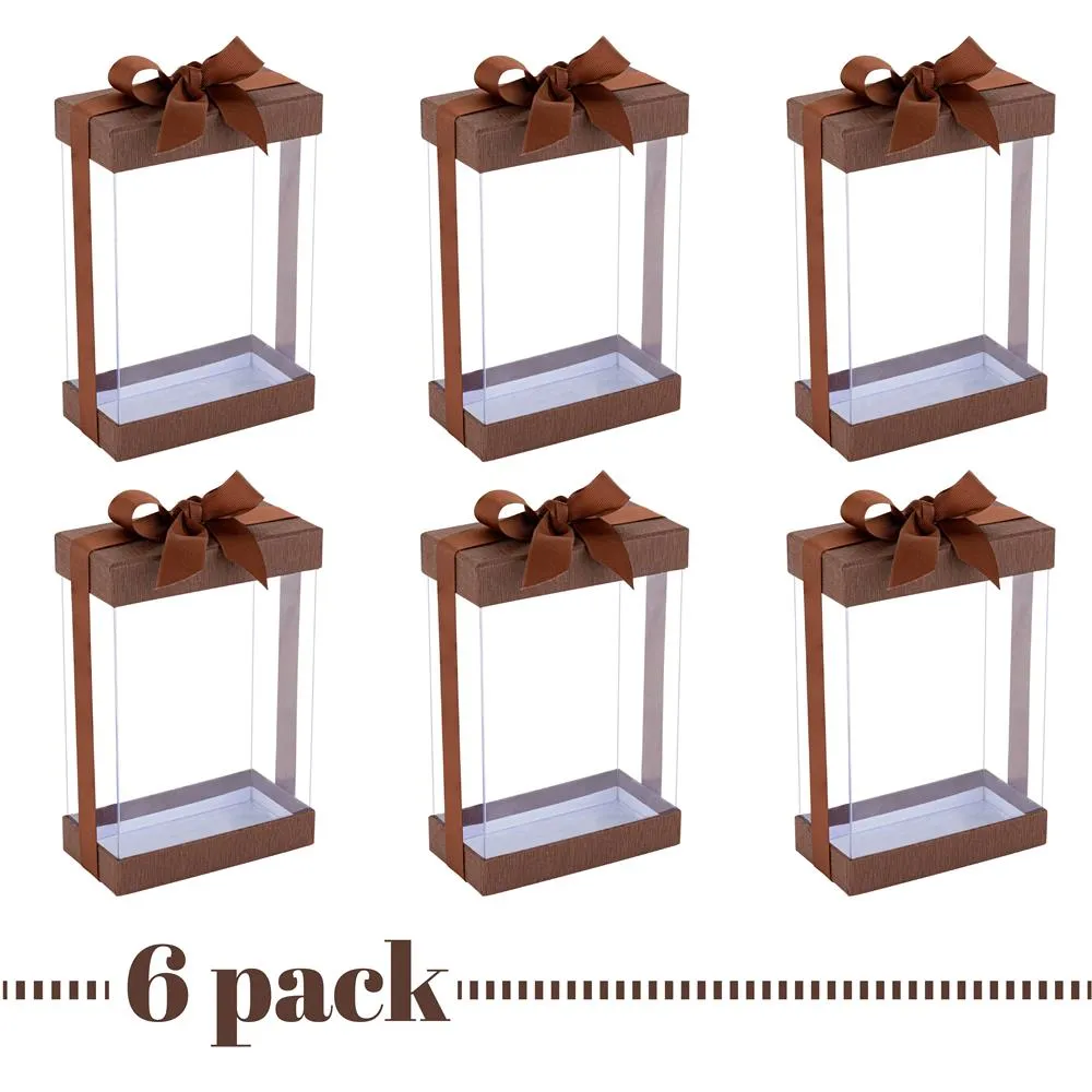 Clear Brown 7.5x5x2.5 Gift Boxes 6 Pack Bakery Boxes With Base Lid & Ribbon