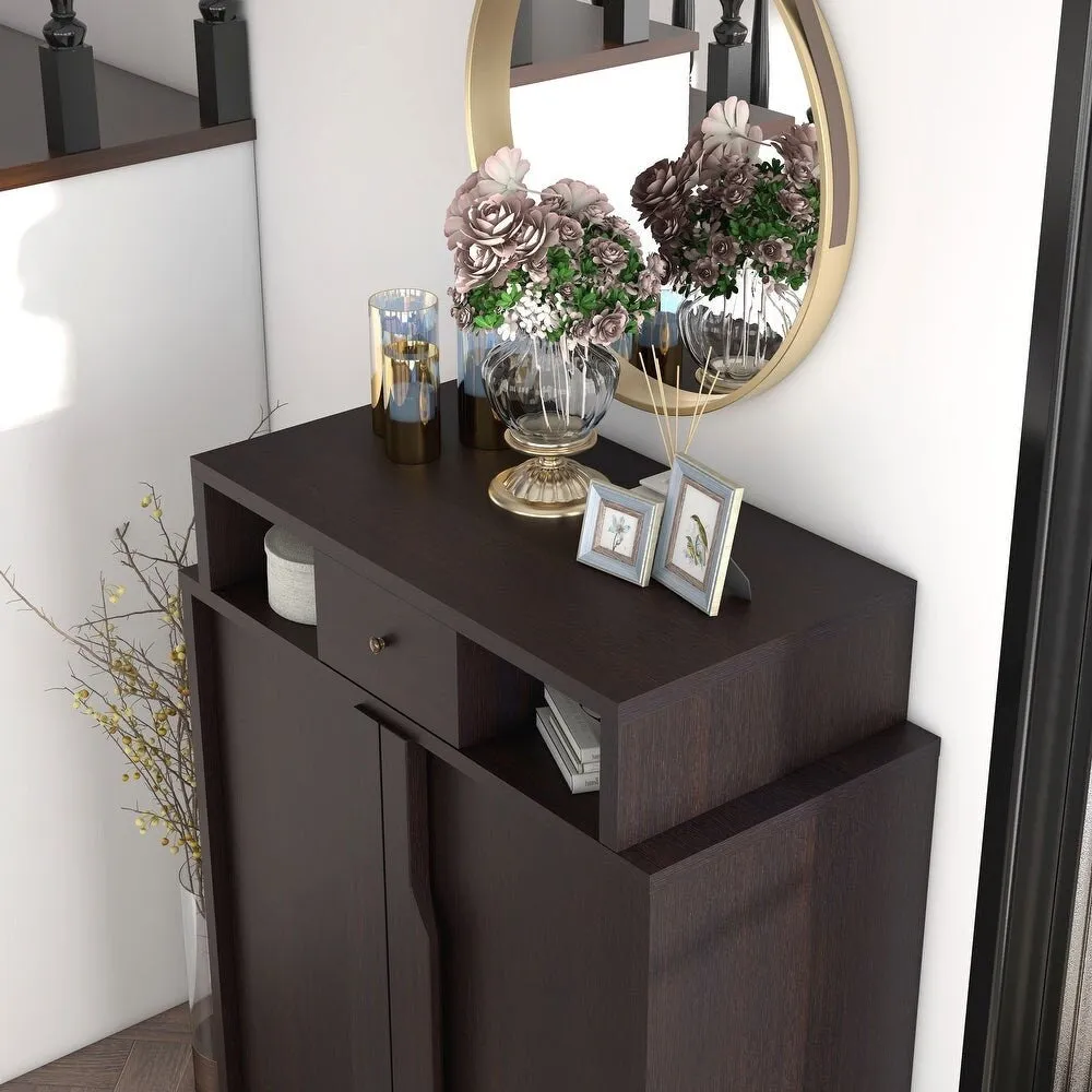 Contemporary Espresso 5-Shelf Shoe Cabinet Two Open Upper Shelves Provide Additional Storage for Jewelry Trays and Accessories