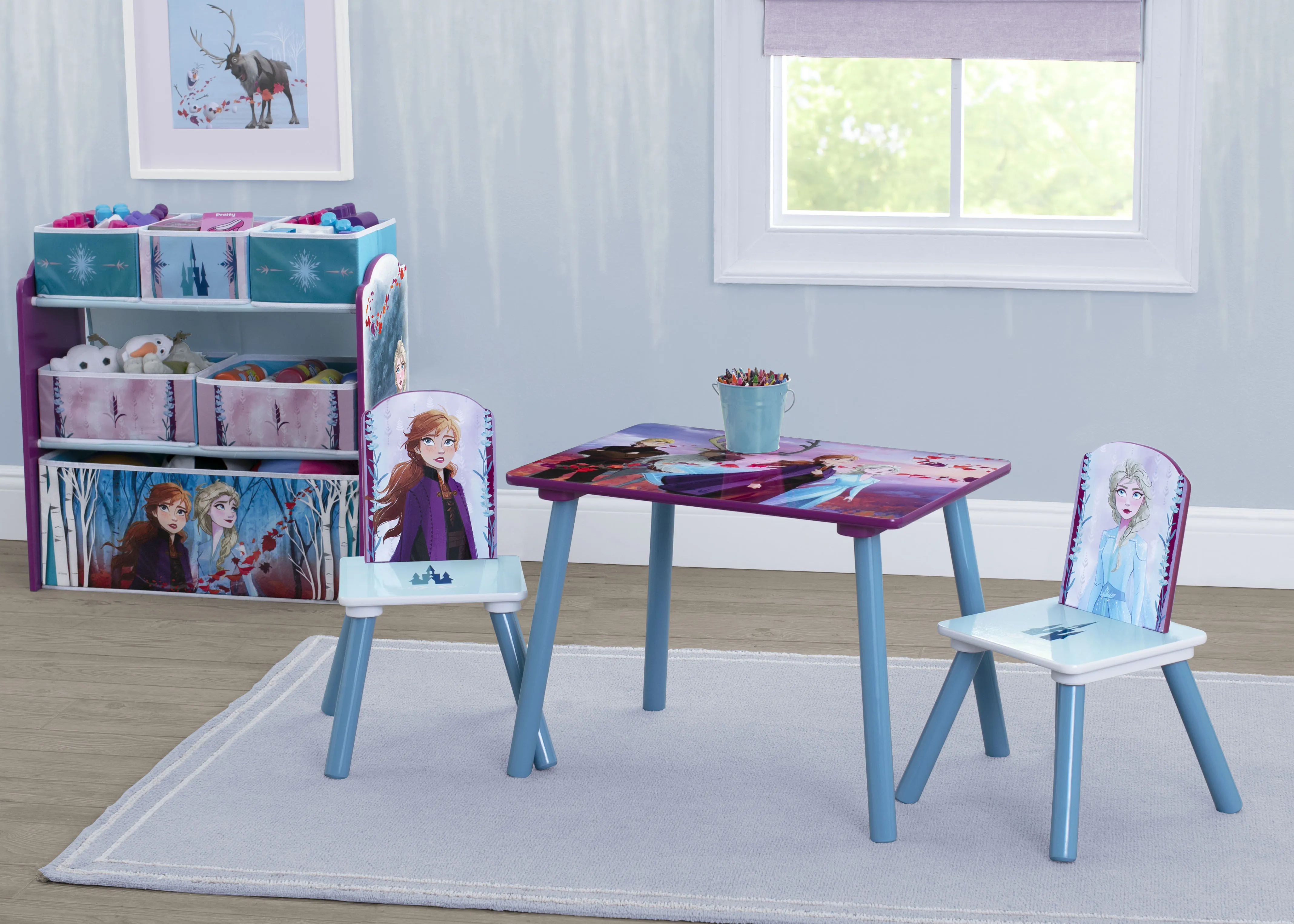 Disney Frozen II 4-Piece Playroom Solution  – Set Includes Table and 2 Chairs and 6-Bin Toy Organizer