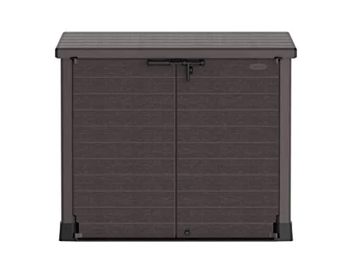 Duramax Cedargrain StoreAway 1200L Plastic Garden Storage Shed/ Flat Lid, Outdoor Storage, Wheelie bin box, Durable Construction– Ideal for Tools, Bikes, BBQs & 2x 240L Bins, 145x85x125 cm, Brown