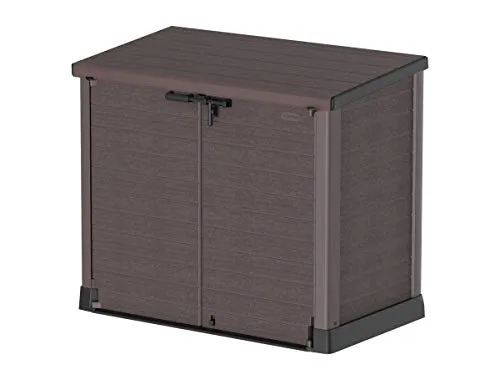 Duramax Cedargrain StoreAway 1200L Plastic Garden Storage Shed/ Flat Lid, Outdoor Storage, Wheelie bin box, Durable Construction– Ideal for Tools, Bikes, BBQs & 2x 240L Bins, 145x85x125 cm, Brown