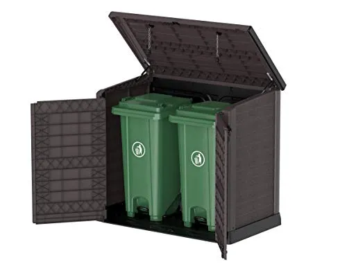 Duramax Cedargrain StoreAway 1200L Plastic Garden Storage Shed/ Flat Lid, Outdoor Storage, Wheelie bin box, Durable Construction– Ideal for Tools, Bikes, BBQs & 2x 240L Bins, 145x85x125 cm, Brown