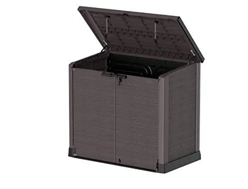 Duramax Cedargrain StoreAway 1200L Plastic Garden Storage Shed/ Flat Lid, Outdoor Storage, Wheelie bin box, Durable Construction– Ideal for Tools, Bikes, BBQs & 2x 240L Bins, 145x85x125 cm, Brown