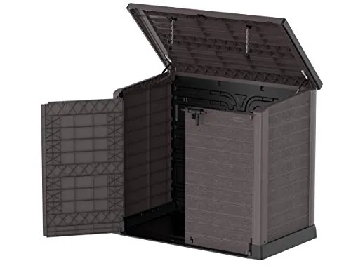 Duramax Cedargrain StoreAway 1200L Plastic Garden Storage Shed/ Flat Lid, Outdoor Storage, Wheelie bin box, Durable Construction– Ideal for Tools, Bikes, BBQs & 2x 240L Bins, 145x85x125 cm, Brown