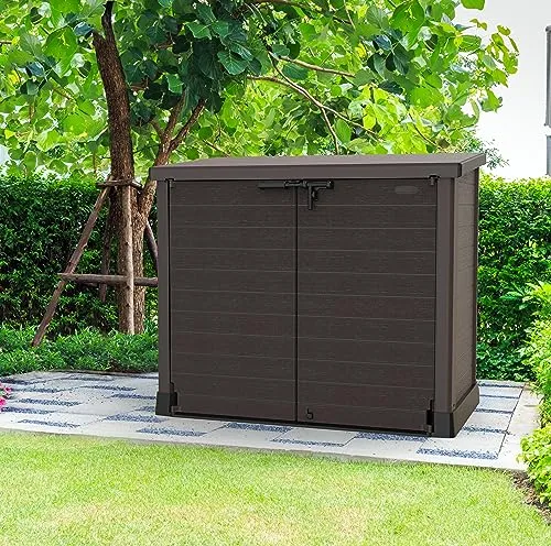 Duramax Cedargrain StoreAway 1200L Plastic Garden Storage Shed/ Flat Lid, Outdoor Storage, Wheelie bin box, Durable Construction– Ideal for Tools, Bikes, BBQs & 2x 240L Bins, 145x85x125 cm, Brown