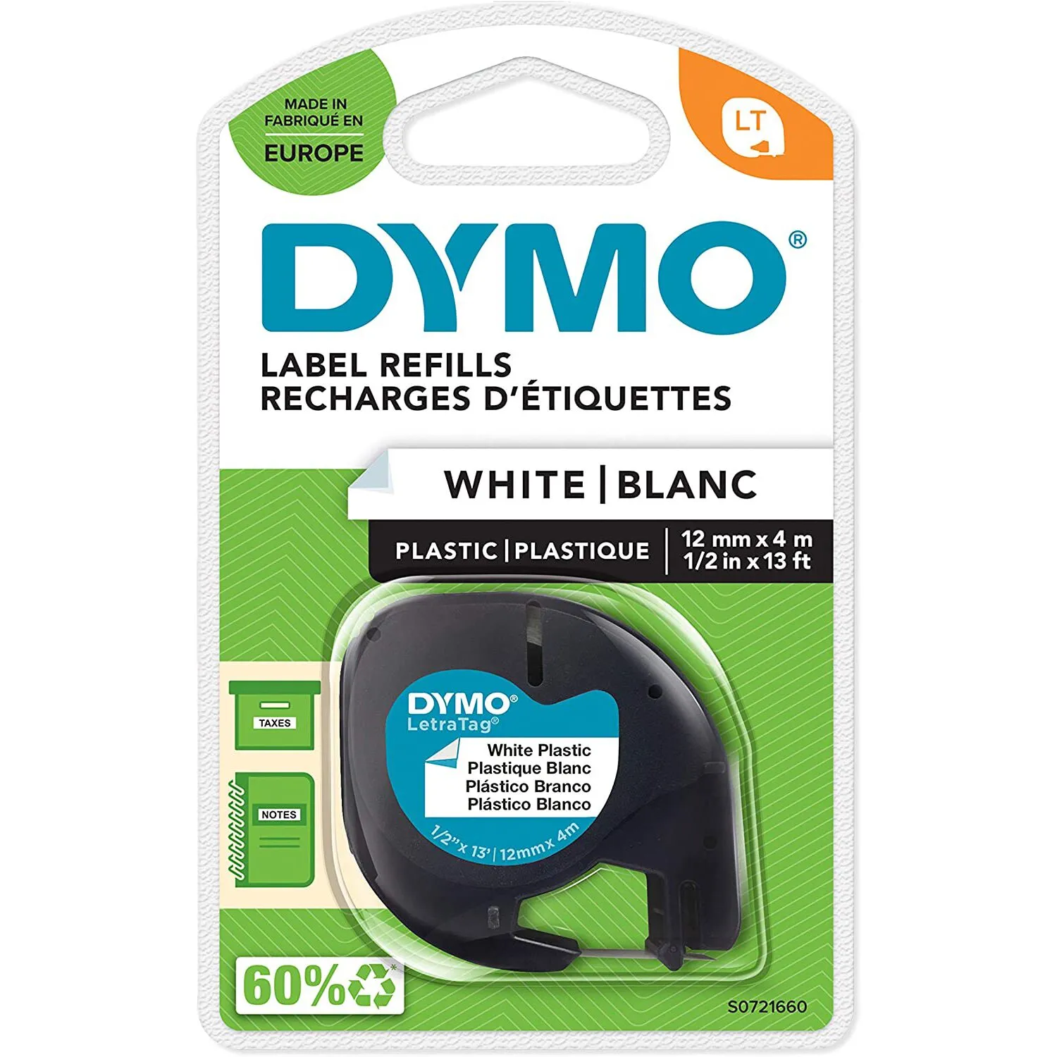 Dymo Letratag Plastic Tape, Self-adhesive, 12 Mm X 4 M Roll, Black Print On White - (DYS0721660)