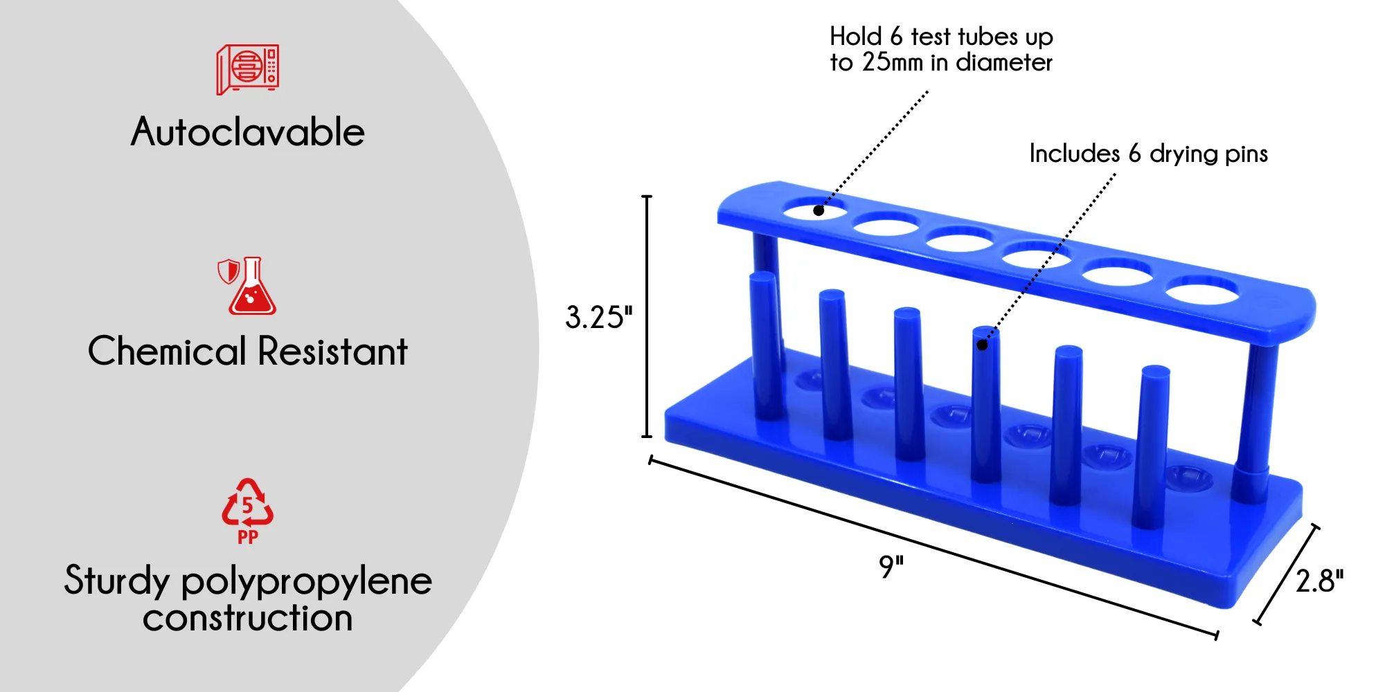 EISCO Test Tube Stand, Polypropylene, 25mm dia. Holes for 6 tubes