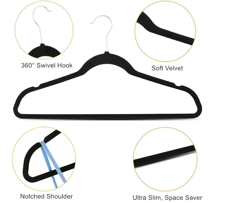 ELD33001, Elle Decor 10pk Non-Slip Velvet Hangers-Black