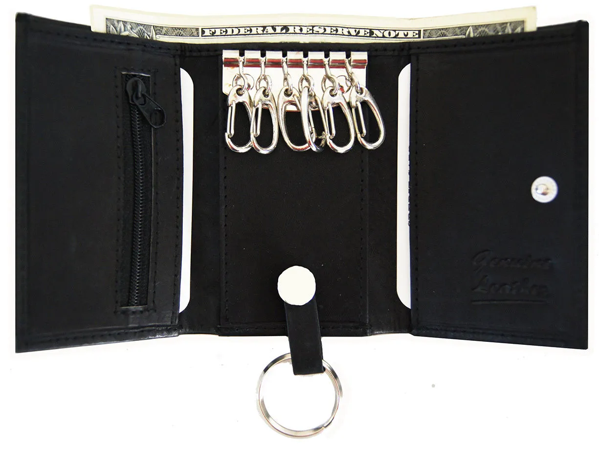 Genuine Leather Keychain Key Holder Ring with 6 Hooks Snap Closure