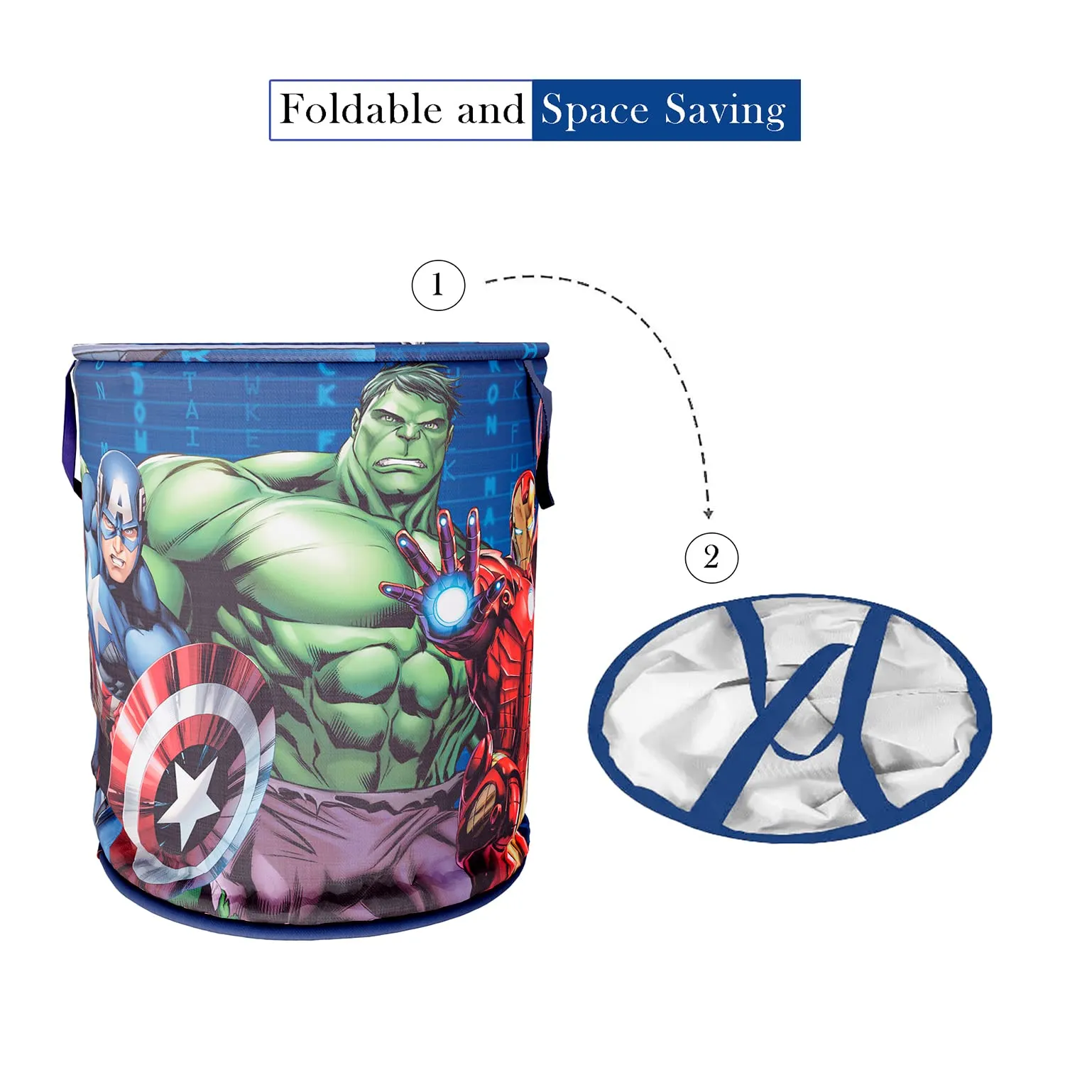 Heart Home Marvel Avengers Print Round Laundry Basket|Polyester Clothes Hamper|Waterproof & Foldable Round Laundry Bag with Handle,45 Ltr.Pack of 2 (Navy Blue)