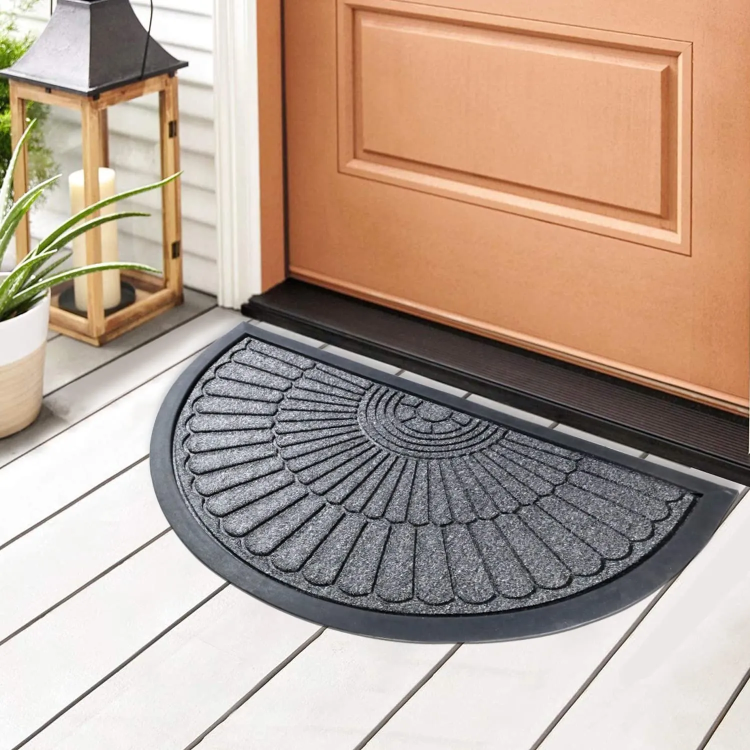 HOKIPO 45X75cm All Purpose Doormat with Rubber Backing Half Circle Style, Thick mat for Outdoor and Indoor use, Grey (IN523)