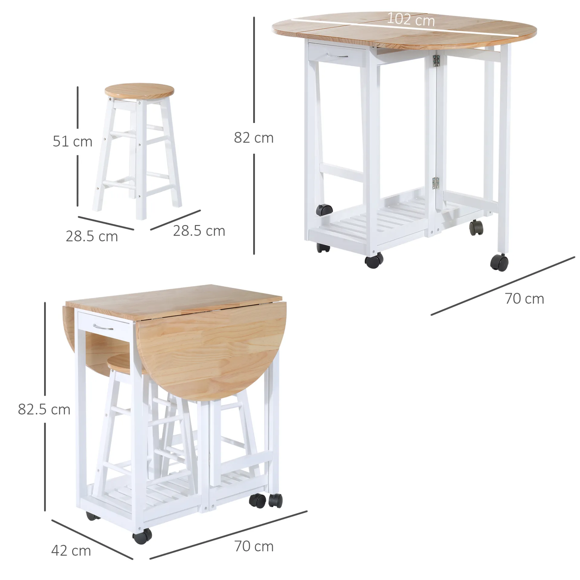 HOMCOM 3PC Wooden Kitchen Cart with Rolling Trolley, Folding Bar Table, 2 Stools, Dining Chair, Storage Shelf & 2 Drawers - Space-Saving & Multi-Functional