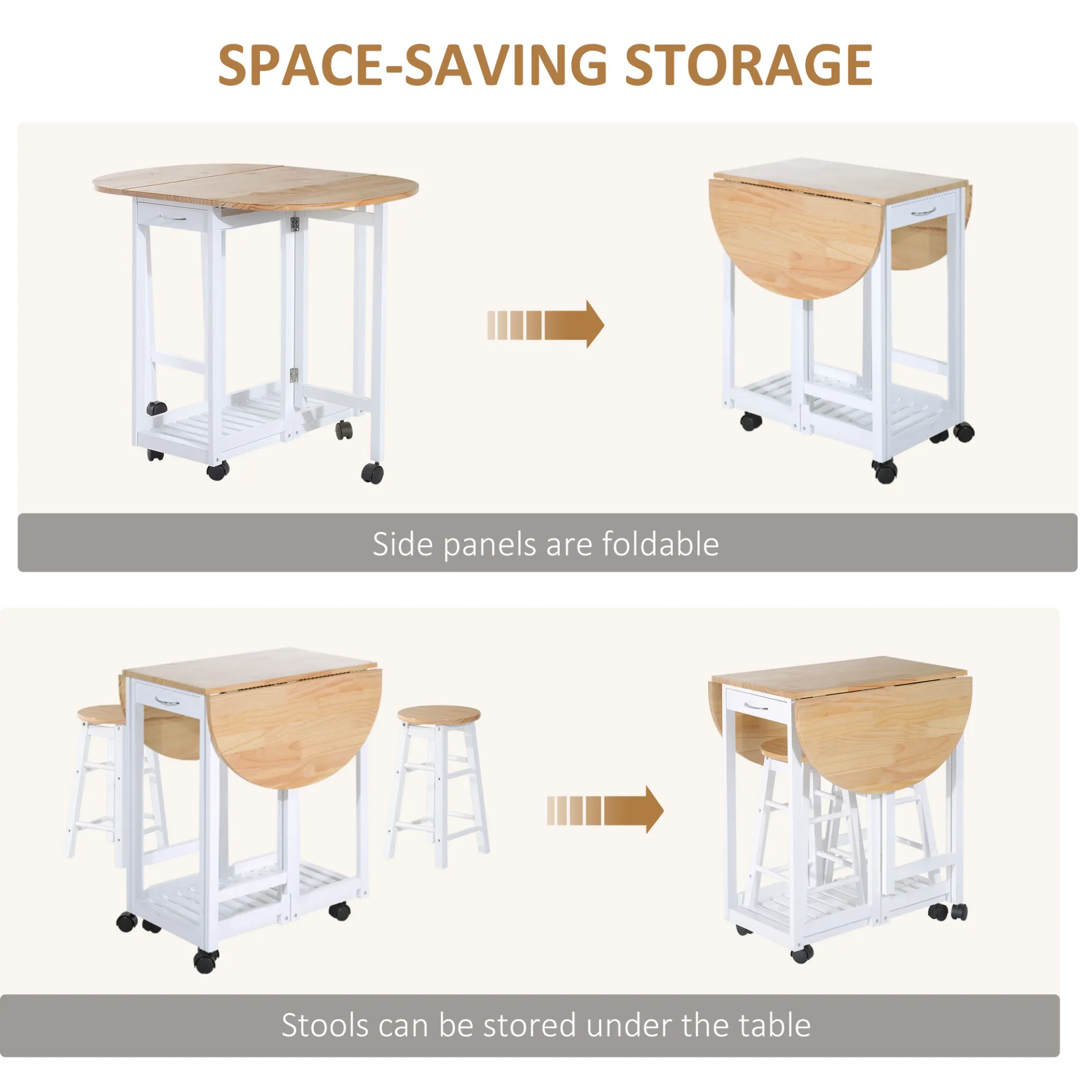 HOMCOM 3PC Wooden Kitchen Cart with Rolling Trolley, Folding Bar Table, 2 Stools, Dining Chair, Storage Shelf & 2 Drawers - Space-Saving & Multi-Functional