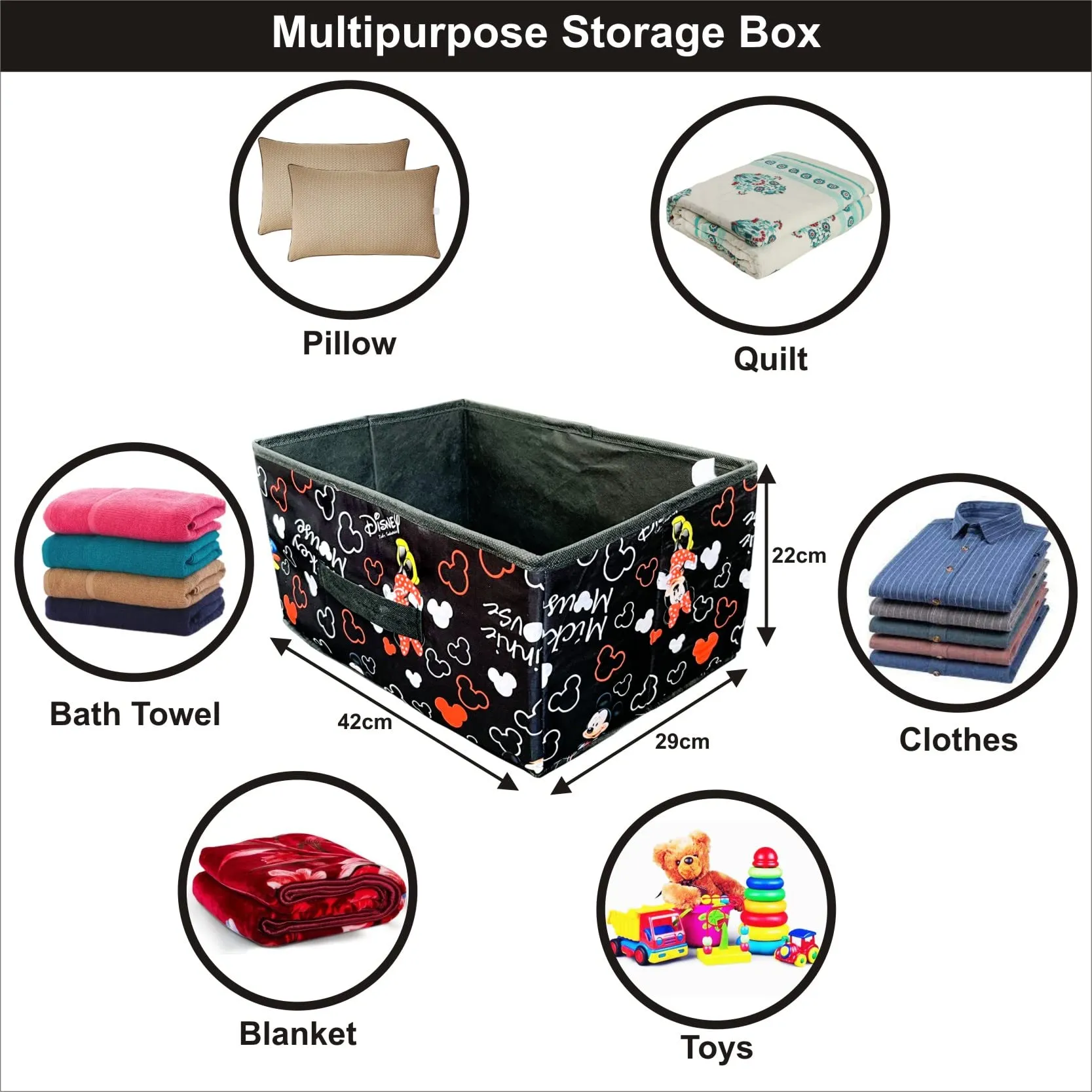 Homestic Disney Print Foldable Storage Box|Drawer Wardrobe Organizer for Clothes| Closet Organizer for clothes, Toys, Books|Sturdy built with Reinforced Handle|Basket Bins Container|Black|