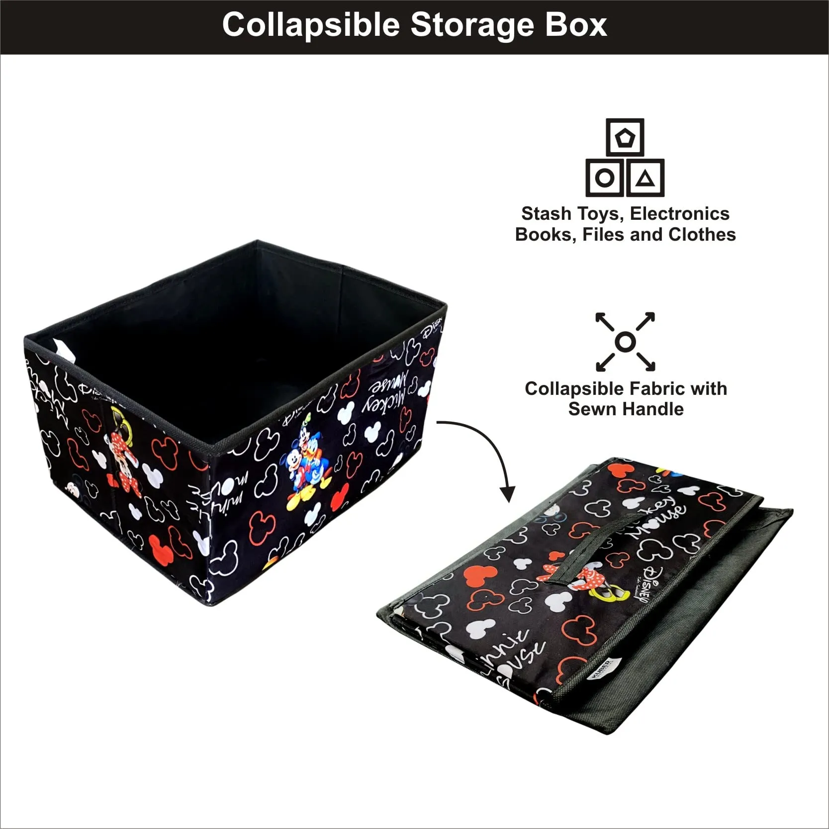 Homestic Disney Print Foldable Storage Box|Drawer Wardrobe Organizer for Clothes| Closet Organizer for clothes, Toys, Books|Sturdy built with Reinforced Handle|Basket Bins Container|Black|