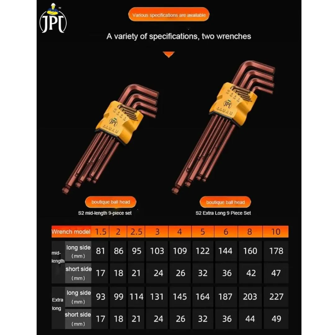 JPT 9 Piece Short Arm L Shaped 7Inch Ball End Hex Allen Key Set | Security Torx End Holes | Sizes 1.5mm to 10mm