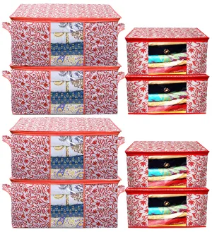 Kuber Industries Leaf Design Non Woven 4 Pieces Saree Cover and 4 Pieces Underbed Storage Bag, Cloth Organizer for Storage, Blanket Cover Combo Set (Red) -CTKTC38673