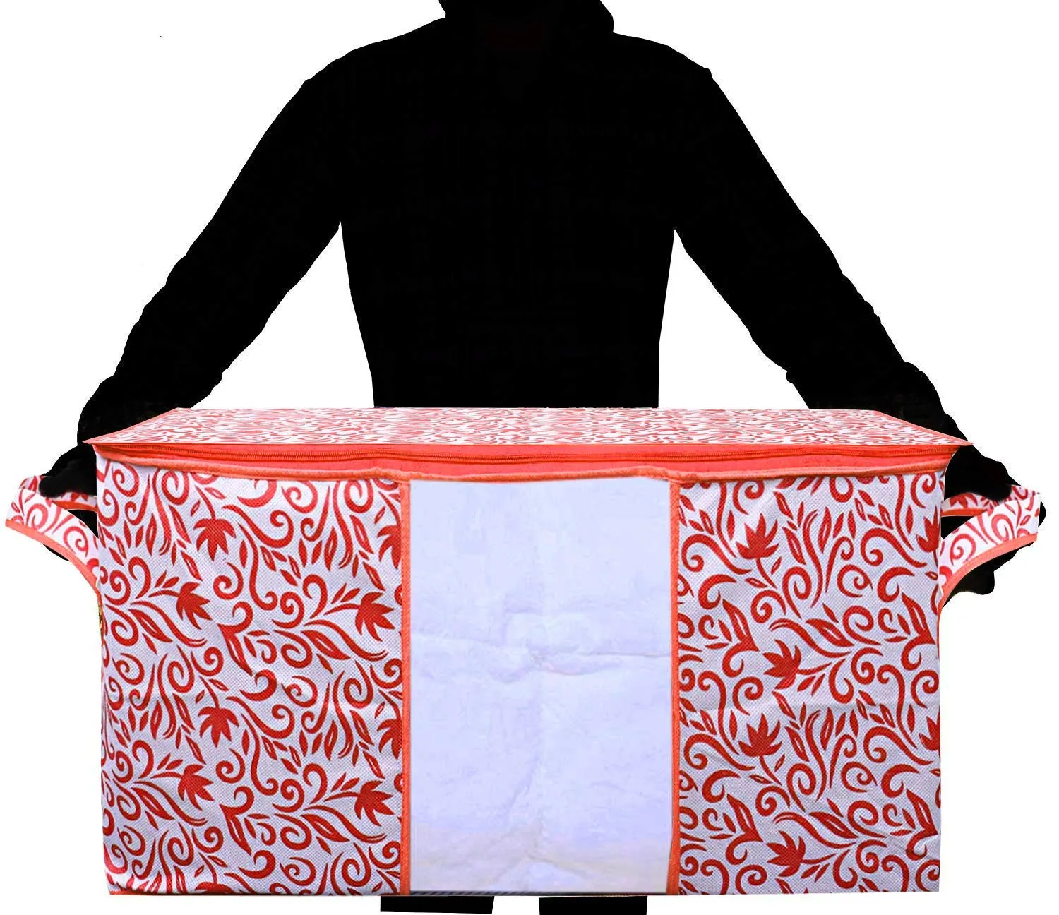 Kuber Industries Leaf Design Non Woven 4 Pieces Saree Cover and 4 Pieces Underbed Storage Bag, Cloth Organizer for Storage, Blanket Cover Combo Set (Red) -CTKTC38673