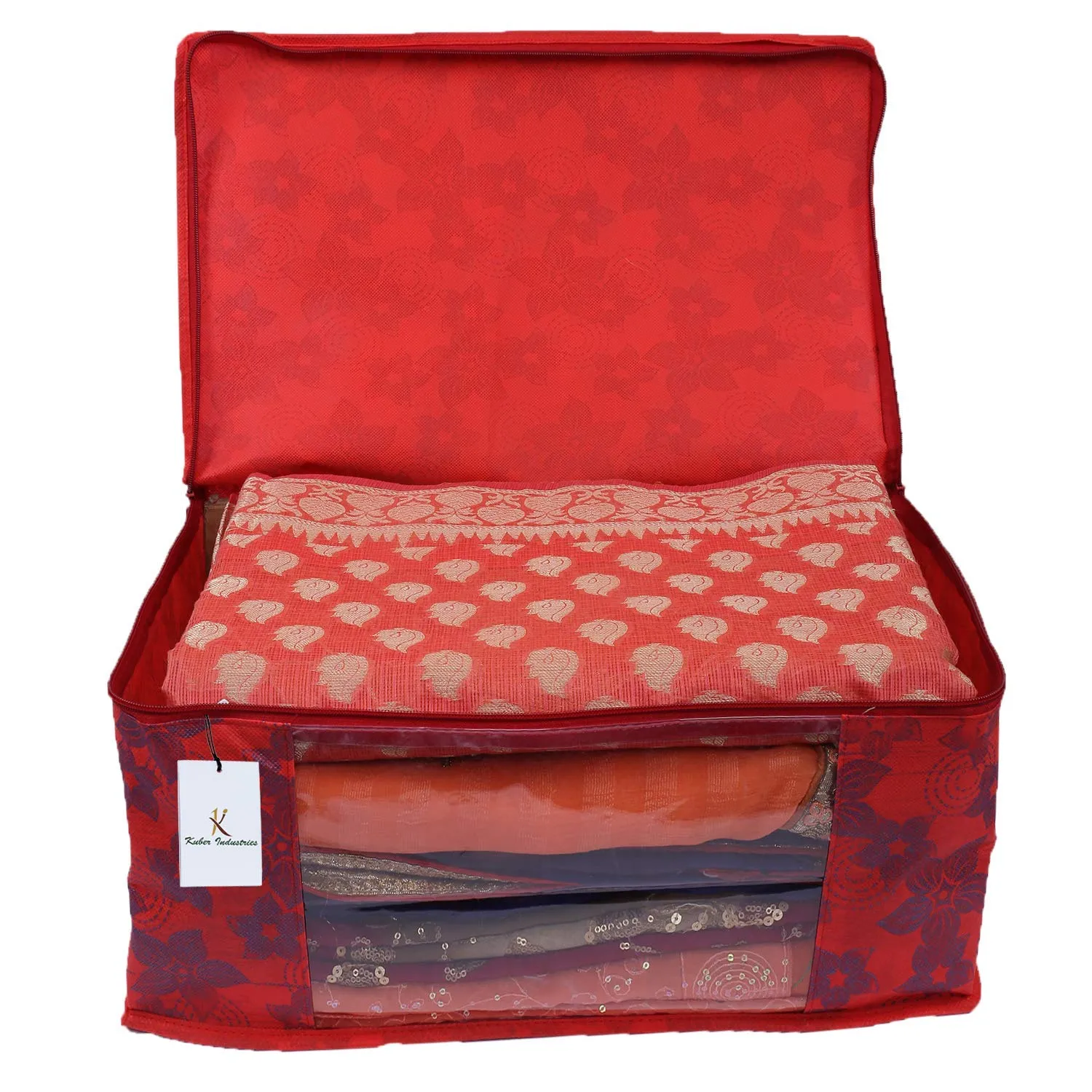 Kuber Industries Metallic Printed Non Woven 3 Pieces Saree Cover and 3 Pieces Underbed Storage Bag, Cloth Organizer for Storage, Blanket Cover Combo Set (Red) -CTKTC038552