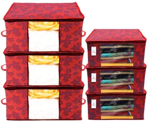 Kuber Industries Metallic Printed Non Woven 3 Pieces Saree Cover and 3 Pieces Underbed Storage Bag, Cloth Organizer for Storage, Blanket Cover Combo Set (Red) -CTKTC038552