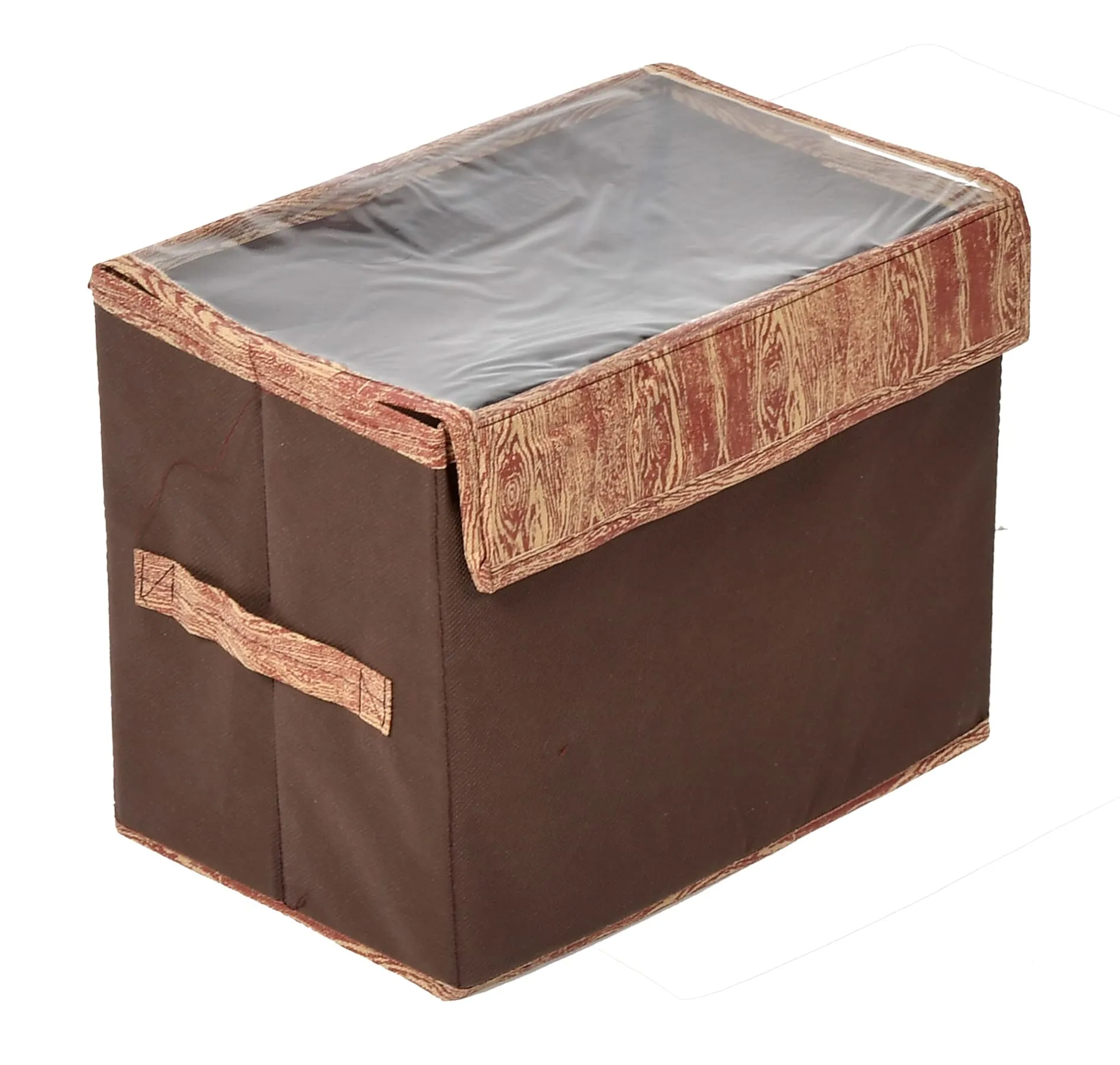 Kuber Industries Wooden Design Foldable Small Non-Woven Storage Box|Tranasparent Lid|Durable Handles|Size 35 x 18 x 22 CM (Brown)-44KM0430, Rectangular