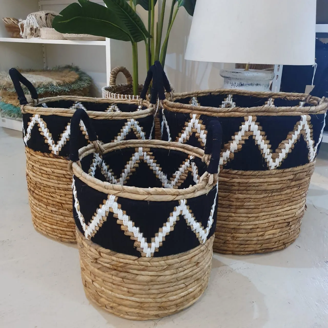 Mac Set 3 Banana Leaf Basket With Woven Zig-Zag Motif