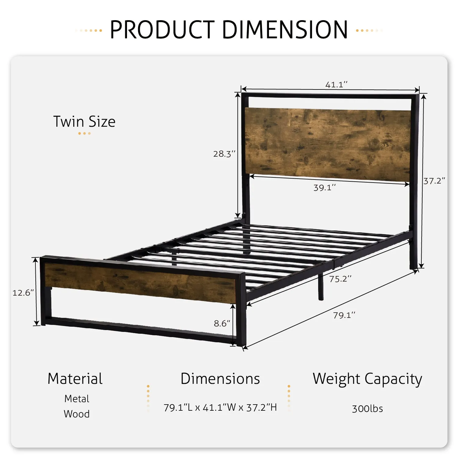 Metal Bed Frame with Wooden Industrial Headboard, Noise Free Design