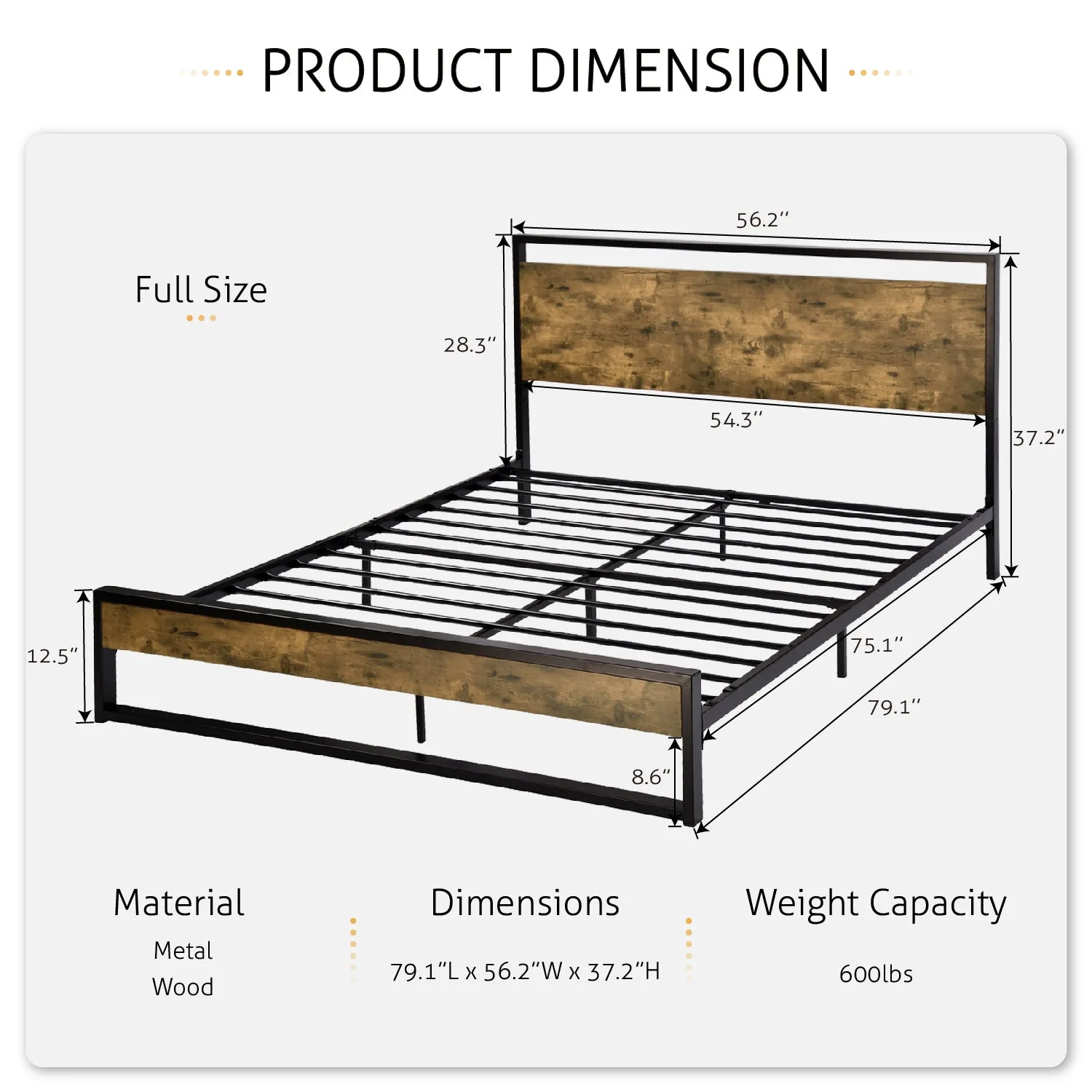 Metal Bed Frame with Wooden Industrial Headboard, Noise Free Design