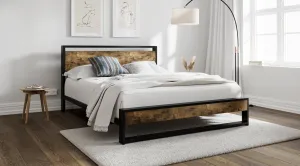 Metal Bed Frame with Wooden Industrial Headboard, Noise Free Design