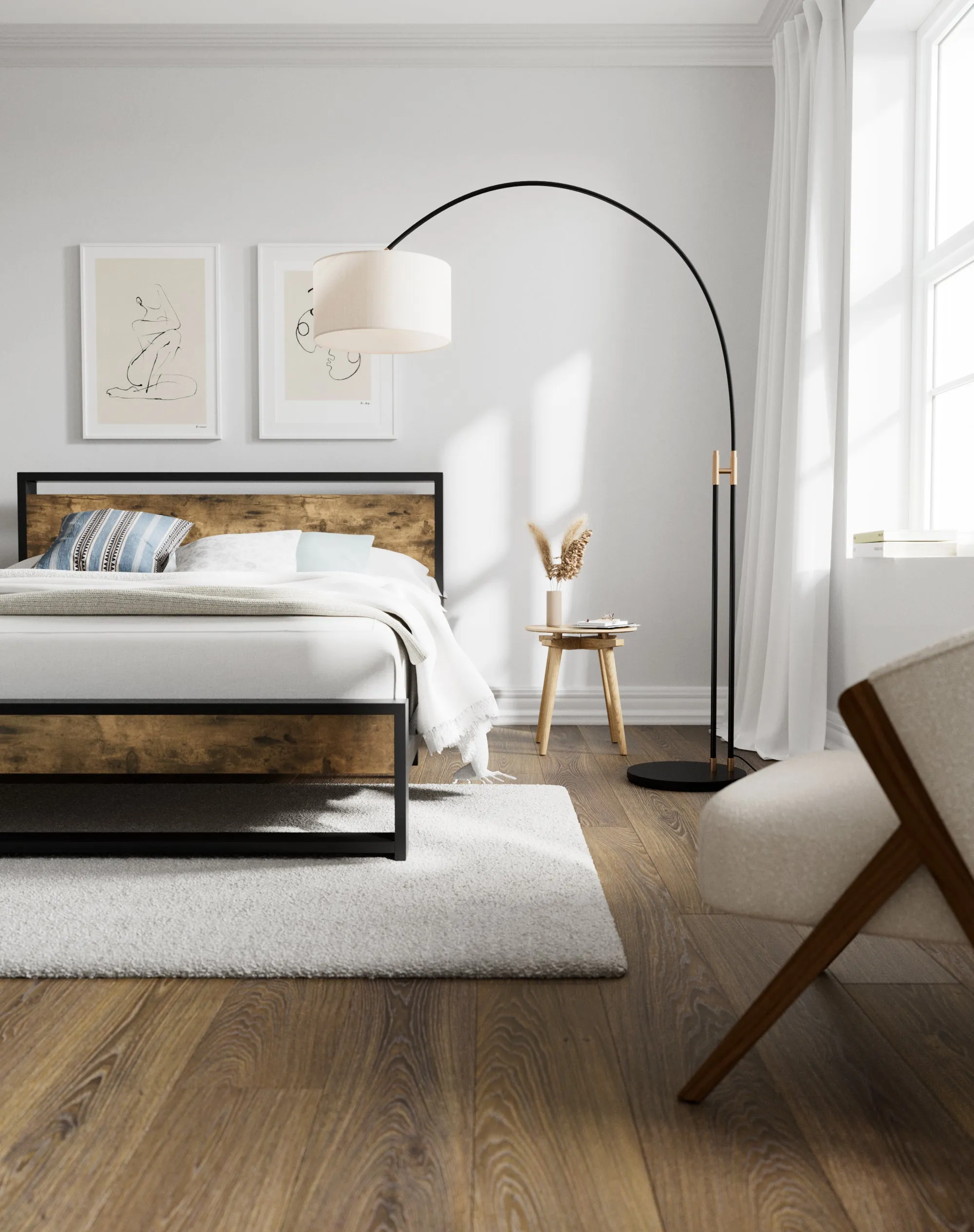 Metal Bed Frame with Wooden Industrial Headboard, Noise Free Design