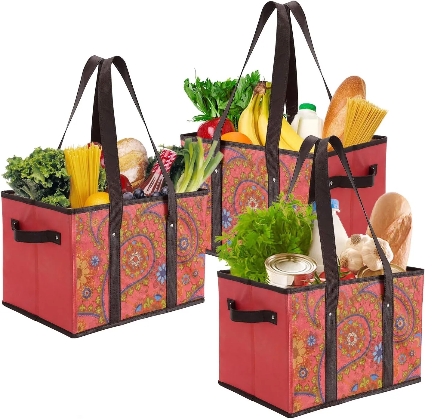 Reusable Grocery Bags Set Durable Heavy Duty Tote Bag Collapsible Grocery Shopping Box Bag with Reinforced Bottom, Pack of 3