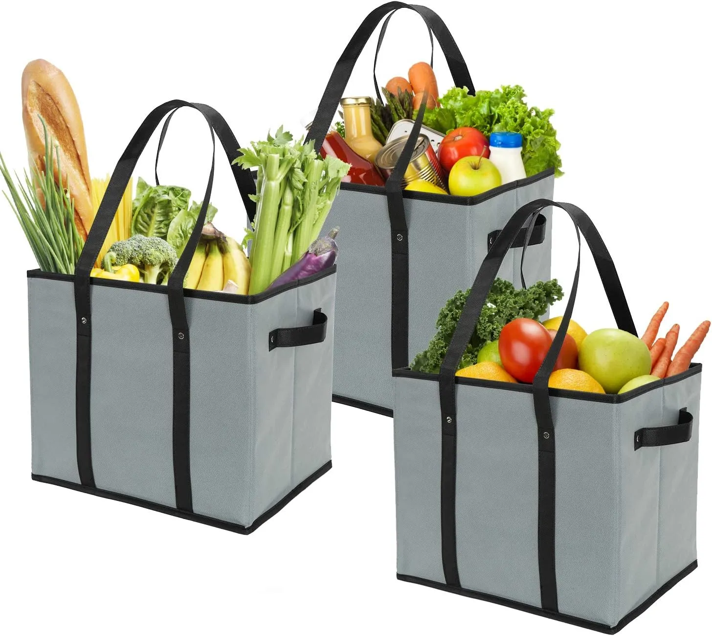 Reusable Grocery Bags Set Durable Heavy Duty Tote Bag Collapsible Grocery Shopping Box Bag with Reinforced Bottom, Pack of 3