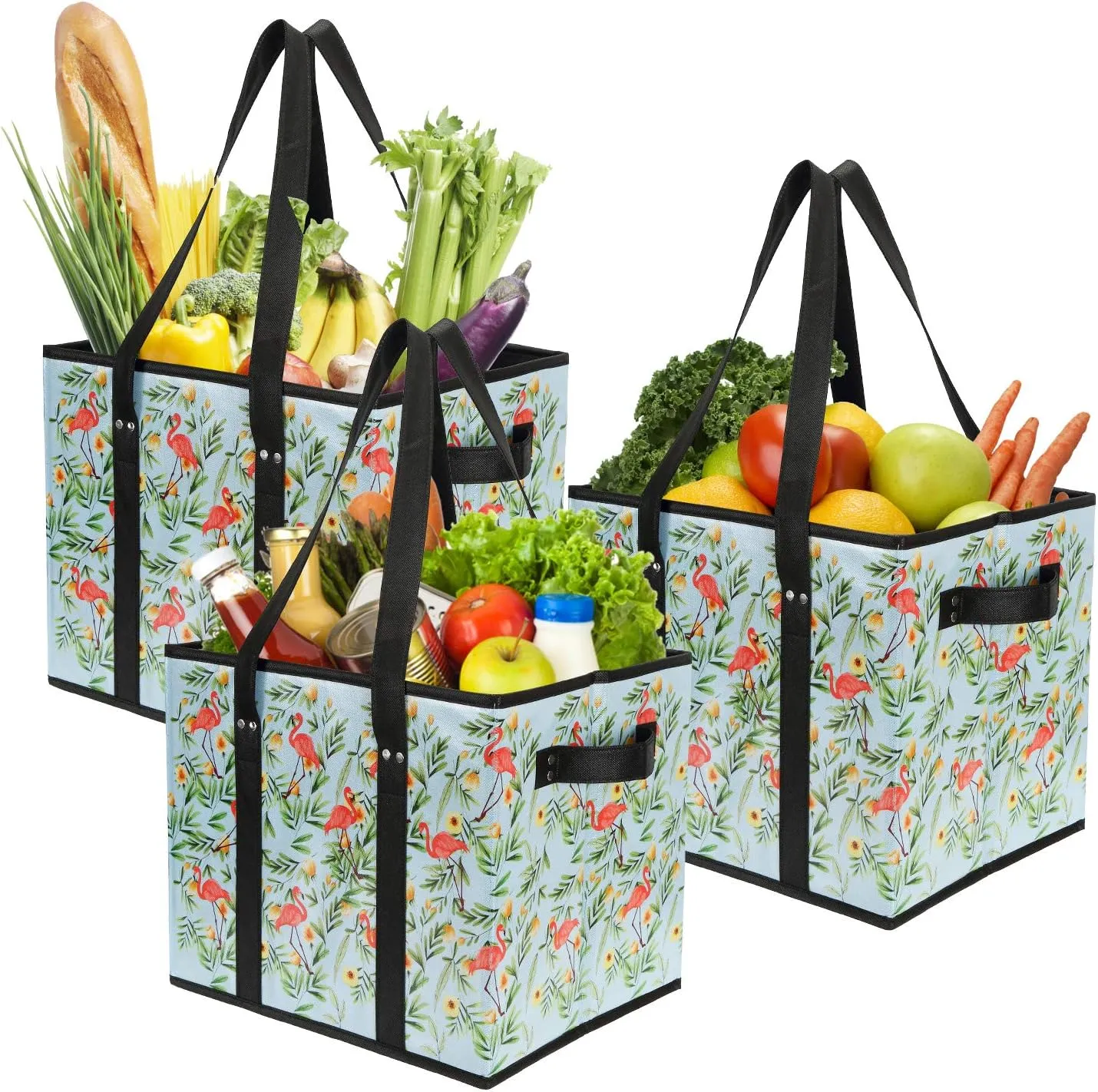 Reusable Grocery Bags Set Durable Heavy Duty Tote Bag Collapsible Grocery Shopping Box Bag with Reinforced Bottom, Pack of 3