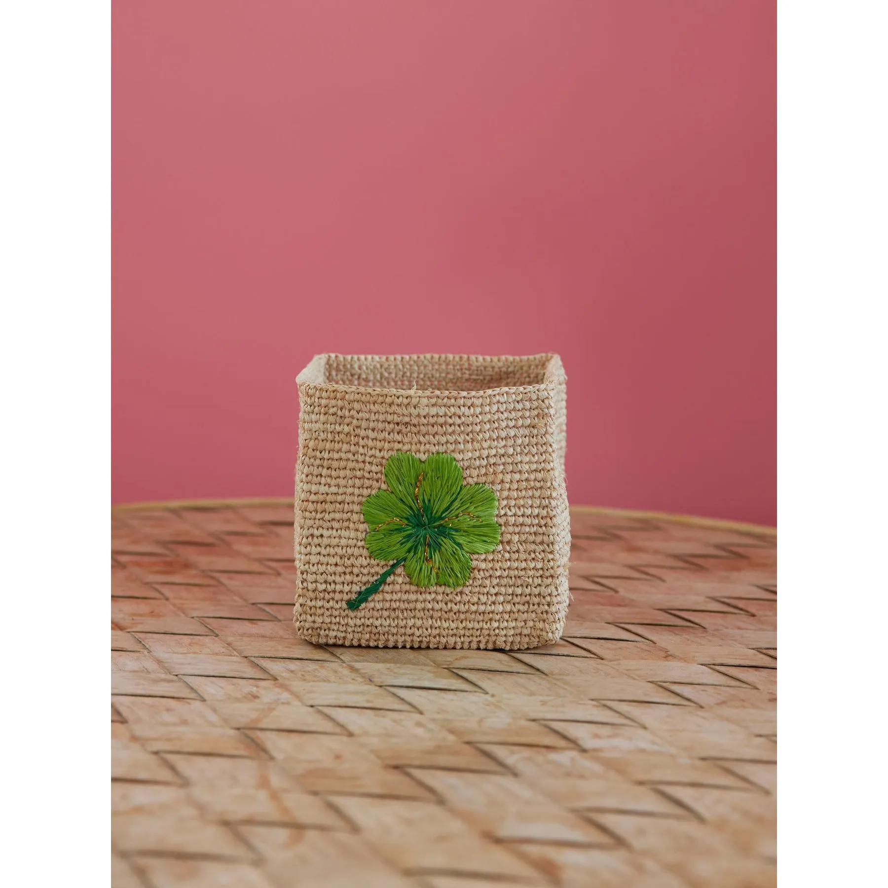 Rice DK Large Square Raffia Storage Basket - Natural - Clover Embroidery