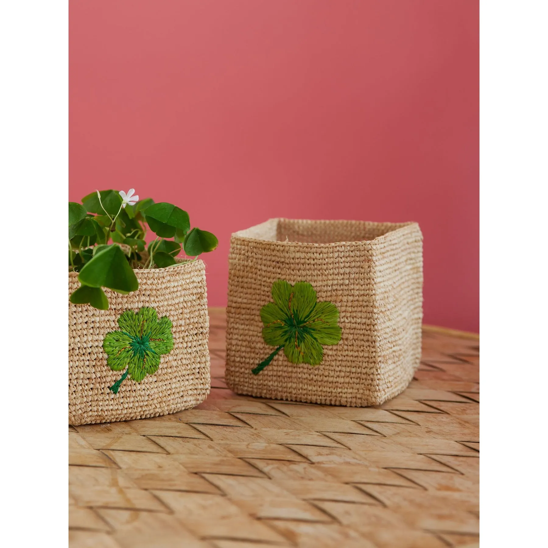 Rice DK Large Square Raffia Storage Basket - Natural - Clover Embroidery