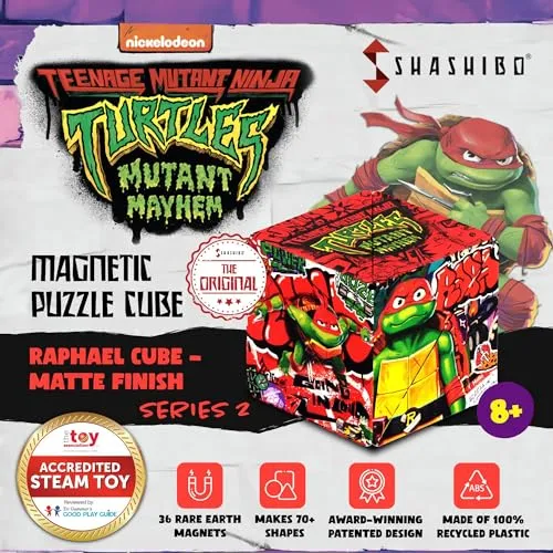 SHASHIBO Teenage Mutant Ninja Turtles Shape Shifting Box - Award-Winning, Patented Magnetic Puzzle Cube w/36 Rare Earth Magnets -Fidget Cube Transforms Into Over 70 Shapes (Raphael Series 2)