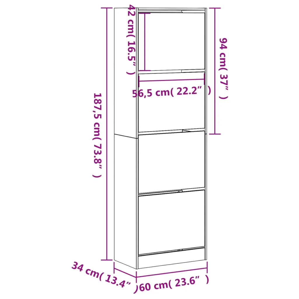 Shoe Cabinet with 4 Flip-Drawers Concrete Grey 60x34x187.5 cm