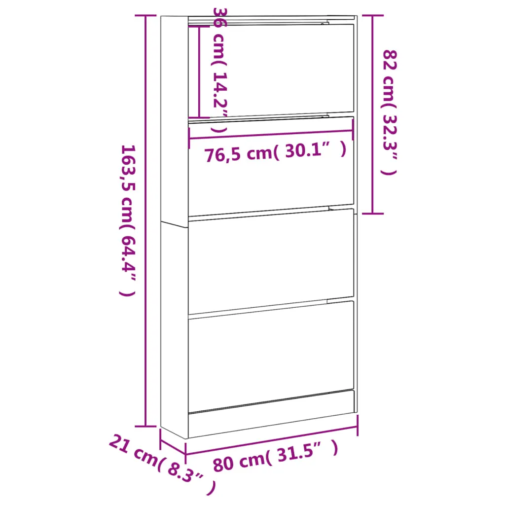 Shoe Cabinet with 4 Flip-Drawers Concrete Grey 80x21x163.5 cm